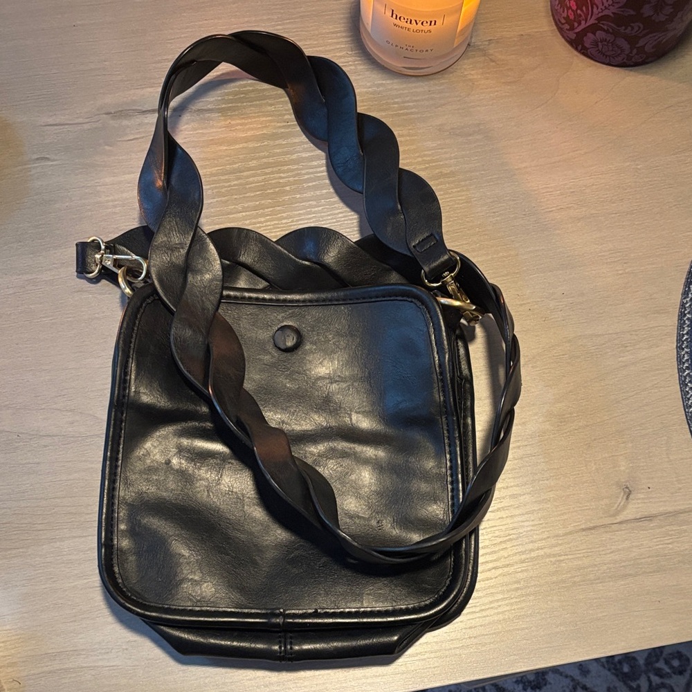 Anthropologie Black Leather Crossbody with Braided Strap